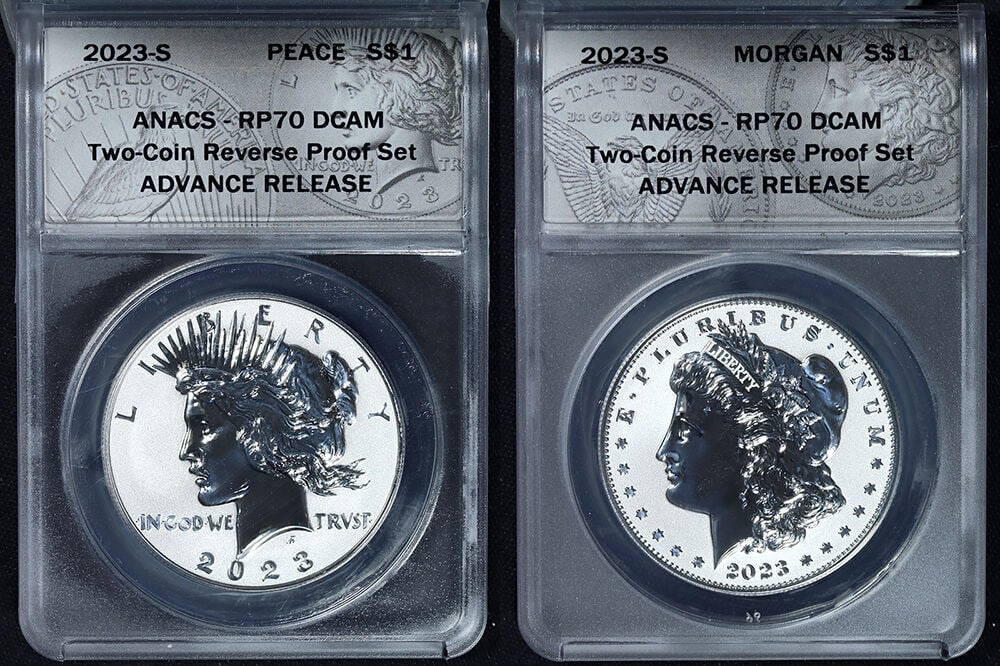 2-Coin 2023-S Silver Reverse Proof Dollar Set ANACS RP70 Morgan and Peace: 2-Coin 2023-S Silver Reverse Proof Dollar Set ANACS RP70 Morgan and Peace This 2023-S Morgan & Peace Silver Dollar 2-Coin Reverse Proof Set features both coins in uncirculated condition with a reverse