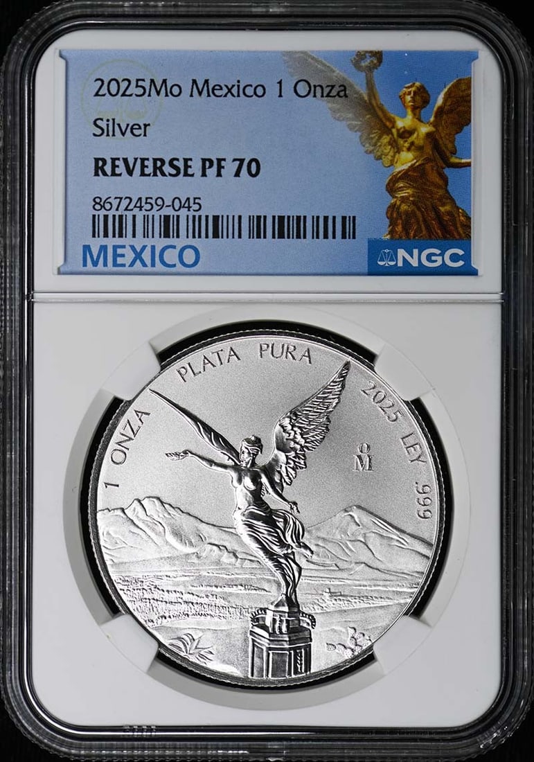 2025 Silver Libertad Onza NGC Reverse Proof 70 Limited to 1900: 2025 Silver Libertad Onza NGC Reverse Proof 70 Limited to 1900 This 2025 Mo Mexico Onza Silver Libertad coin is certified by NGC with a grade of PR70 in reverse proof finish. The coin is un-used and f
