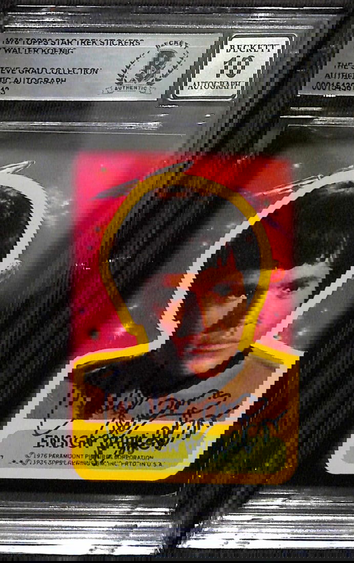 Walter Koenig Signed 1976 Topps Star Trek Stickers #7 Auto 10 Beckett: Walter Koenig Signed 1976 Topps Star Trek Stickers #7 Auto 10 Beckett This is a signed 1976 Topps Star Trek Stickers #7 trading card featuring Ensign Chekov, portrayed by Walter Koenig. The card is in