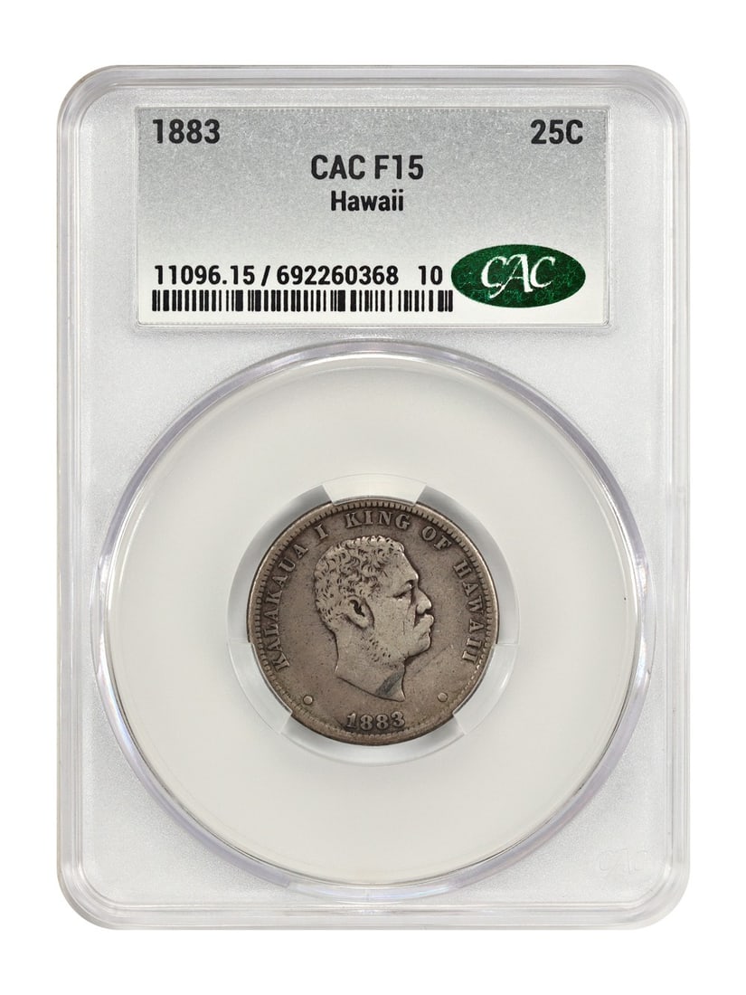 CACG Certified 1883 Hawaii Quarter 25C Fine 15 Territorial Coin: CACG Certified 1883 Hawaii Quarter 25C Fine 15 Territorial Coin This 1883 Hawaiian quarter is a circulated coin certified by CACG with a Fine 15 grade. Issued for the Kingdom of Hawaii, it is a sought