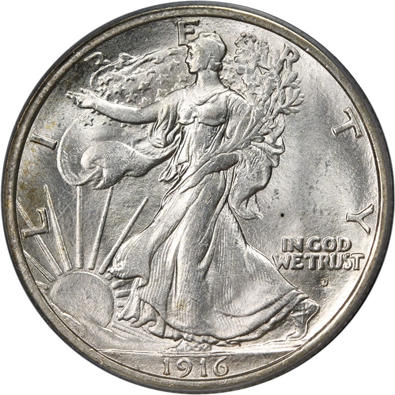1916-D Walking Liberty Half PCGS MS64 Silver Blast White Coin: 1916-D Walking Liberty Half PCGS MS64 Silver Blast White Coin This stunning 1916-D Walking Liberty Half showcases superb eye appeal with its fantastic luster and strong strike. Graded MS64 by PCGS, th