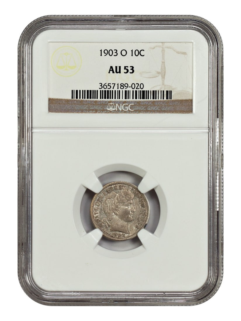 New Orleans Mint 1903 Barber Dime 10C Graded AU53 by NGC: New Orleans Mint 1903 Barber Dime 10C Graded AU53 by NGC This 1903-O Barber Dime is graded AU53 by NGC. Minted in New Orleans, this circulated coin is part of the Barber Dime series and features a 10