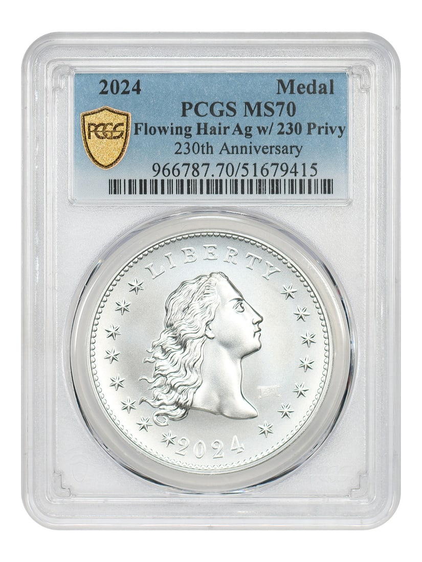 2024 Flowing Hair Silver Medal PCGS MS70 With 230 Privy Mark: 2024 Flowing Hair Silver Medal PCGS MS70 With 230 Privy Mark This 2024 Silver Flowing Hair Medal celebrates the 230th anniversary of the first silver dollar. Struck by the U.S. Mint in Philadelphia, t