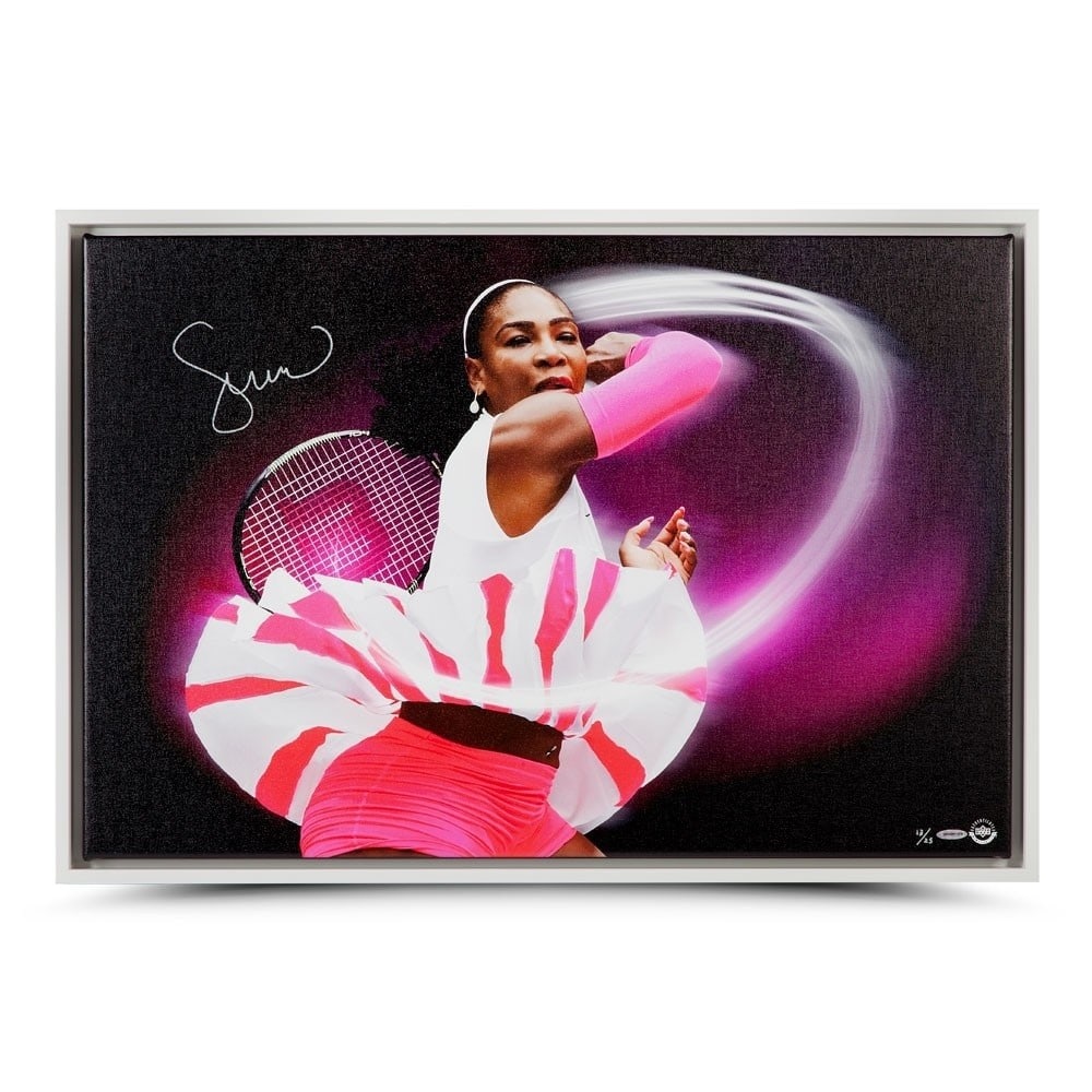 Serena Williams Signed Limited Edition 20x30 Framed Canvas Photo #/25: Serena Williams Signed Limited Edition 20x30 Framed Canvas Photo #/25 This stunning framed canvas photo features the legendary tennis player Serena Williams, capturing her essence as a true pioneer in