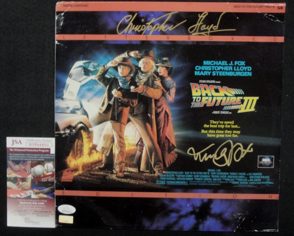 Back to the Future III Autographed Laserdisc Cover Michael J Fox Christopher Lloyd JSA Authenticated: Back to the Future III Autographed Laserdisc Cover Michael J Fox Christopher Lloyd JSA Authenticated This original autographed Laserdisc cover of 'Back to the Future III' features the signatures of ic