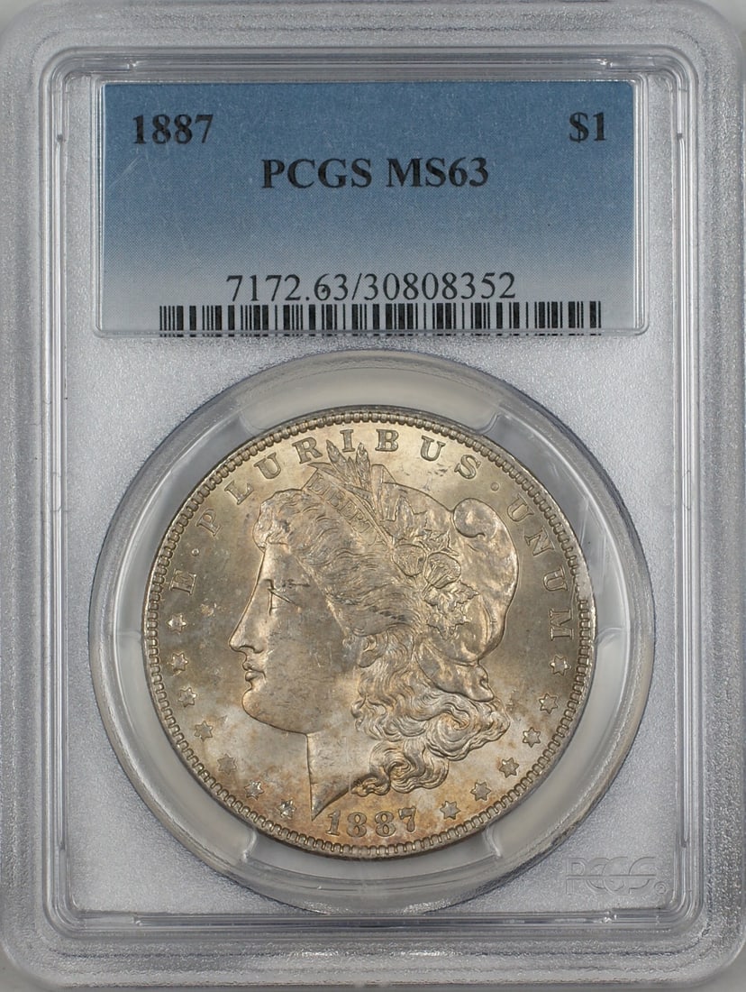 PCGS MS-63 1887 Morgan Silver Dollar Toned Uncirculated Philadelphia Coin: PCGS MS-63 1887 Morgan Silver Dollar Toned Uncirculated Philadelphia Coin This 1887 Morgan Silver Dollar is graded MS-63 by PCGS and features attractive toning. Struck in Philadelphia, this uncirculat