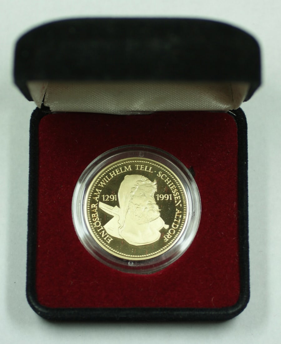 1991 Swiss Shooting Festival Brass Proof Coin William Tell Confederation: 1991 Swiss Shooting Festival Brass Proof Coin William Tell Confederation This is a 1991 Switzerland Brass Swiss Confederation Shooting Festival William Tell proof coin. The coin is uncirculated and co