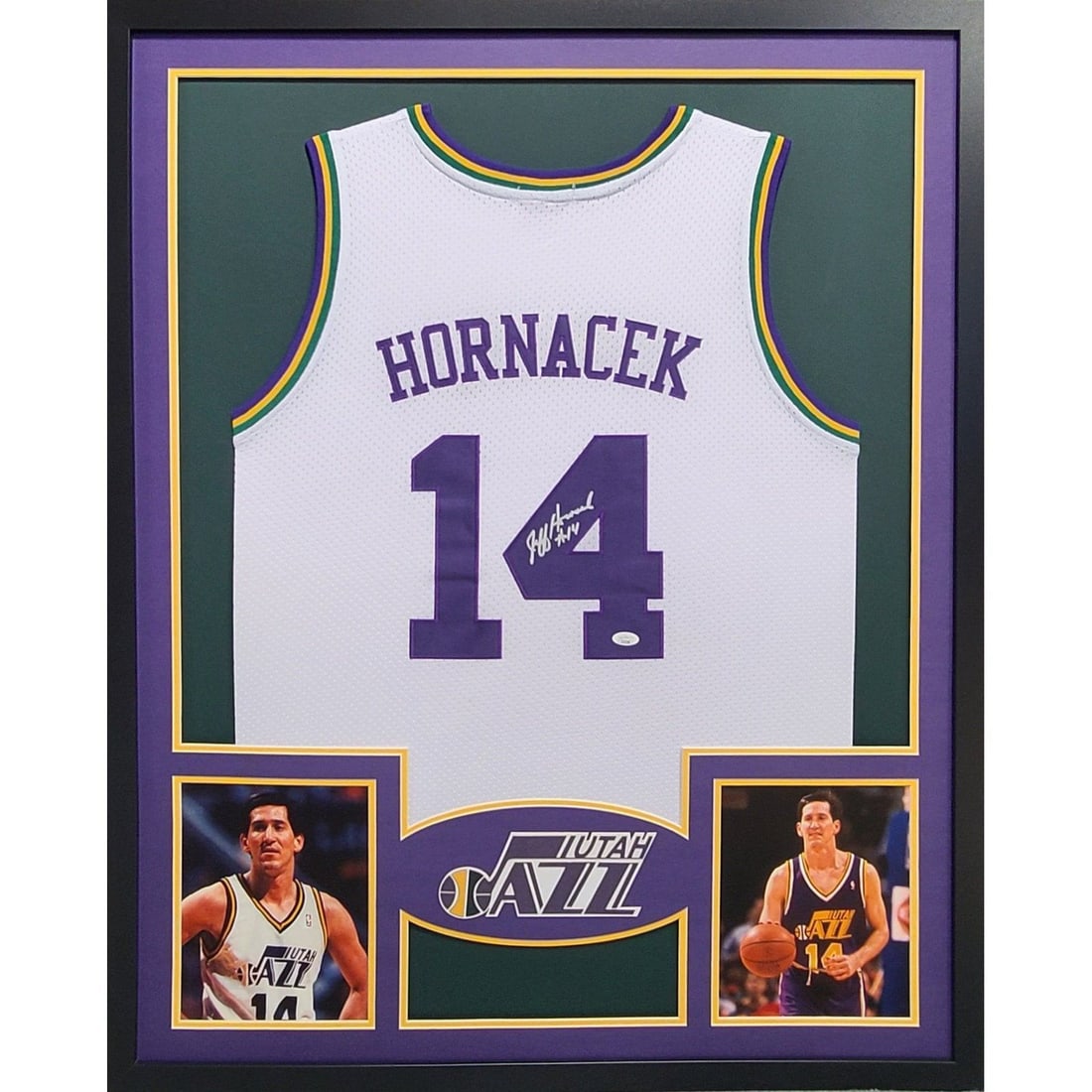 Jeff Hornacek Autographed Framed Jersey Utah Jazz JSA Certified: Jeff Hornacek Autographed Framed Jersey Utah Jazz JSA Certified This autographed Jeff Hornacek framed jersey is a remarkable collectible for Utah Jazz fans. Authenticated by JSA, a leader in sports me
