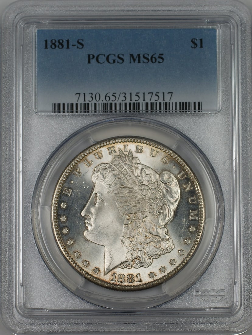 PCGS MS65 1881-S San Francisco Morgan Dollar Light Toning Silver Gem Uncirculated: PCGS MS65 1881-S San Francisco Morgan Dollar Light Toning Silver Gem Uncirculated This 1881-S Morgan Silver Dollar is an uncirculated coin graded MS-65 by PCGS. Struck at the San Francisco Mint, it fe