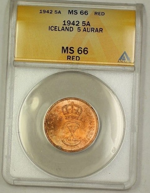 1942 Iceland Five Aurar Copper Coin ANACS MS-66 Red Uncirculated: 1942 Iceland Five Aurar Copper Coin ANACS MS-66 Red Uncirculated This 1942 Iceland 5 Aurar coin is composed of copper and has been certified by ANACS with a grade of MS-66 Red GEM BU. It is an uncircu