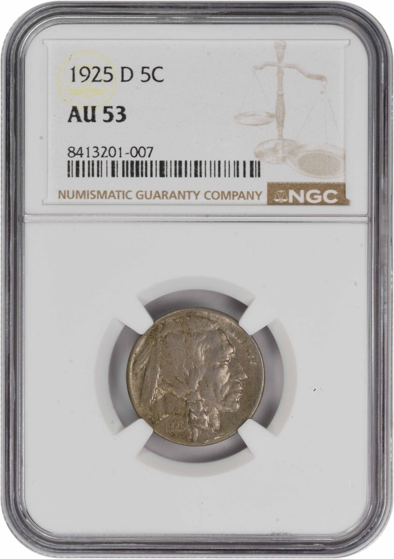 1925 Denver Buffalo Nickel Graded AU53 by NGC: 1925 Denver Buffalo Nickel Graded AU53 by NGC This 1925-D Buffalo Nickel is graded AU53 by NGC and features a design by James Earle Fraser. Struck at the Denver Mint, it is composed of 75% copper and