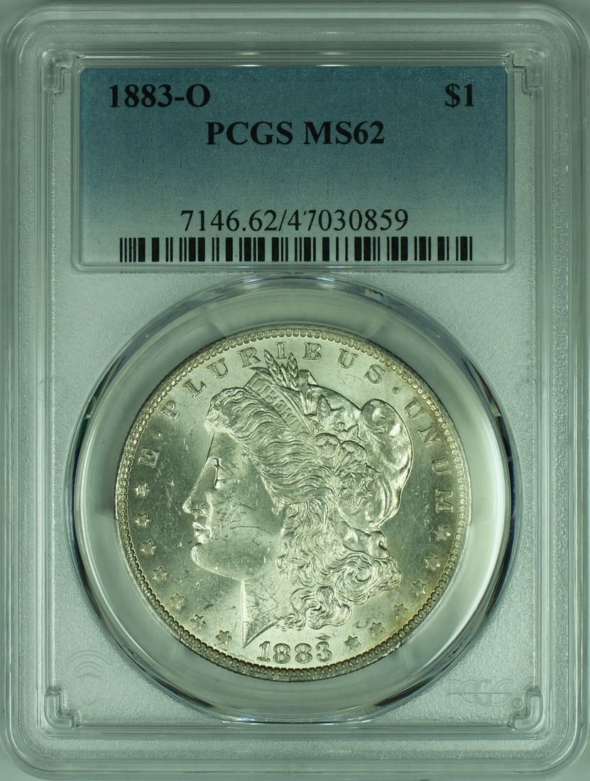 PCGS MS-62 1883-O Morgan Silver Dollar from New Orleans Mint: PCGS MS-62 1883-O Morgan Silver Dollar from New Orleans Mint This is an un-used 1883-O Morgan Silver Dollar coin graded MS-62 by PCGS. Minted in New Orleans, this $1 denomination coin is composed of 9