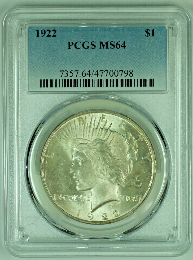 Toned 1922 Peace Silver Dollar PCGS MS 64 Plus Certified Coin: Toned 1922 Peace Silver Dollar PCGS MS 64 Plus Certified Coin This is a 1922 Peace Silver $1 Dollar Coin from the United States, featuring attractive toning. The coin is uncirculated and has been grad