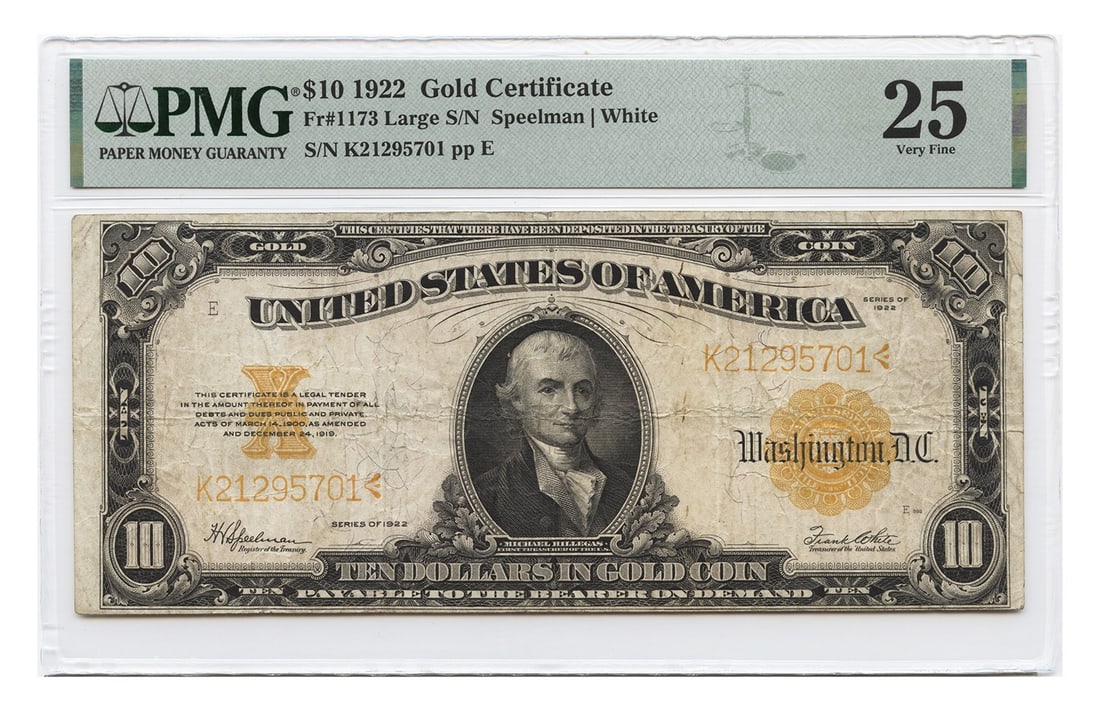 1922 $10 Gold Certificate PMG VF25 Large Serial Number (1 of 2)