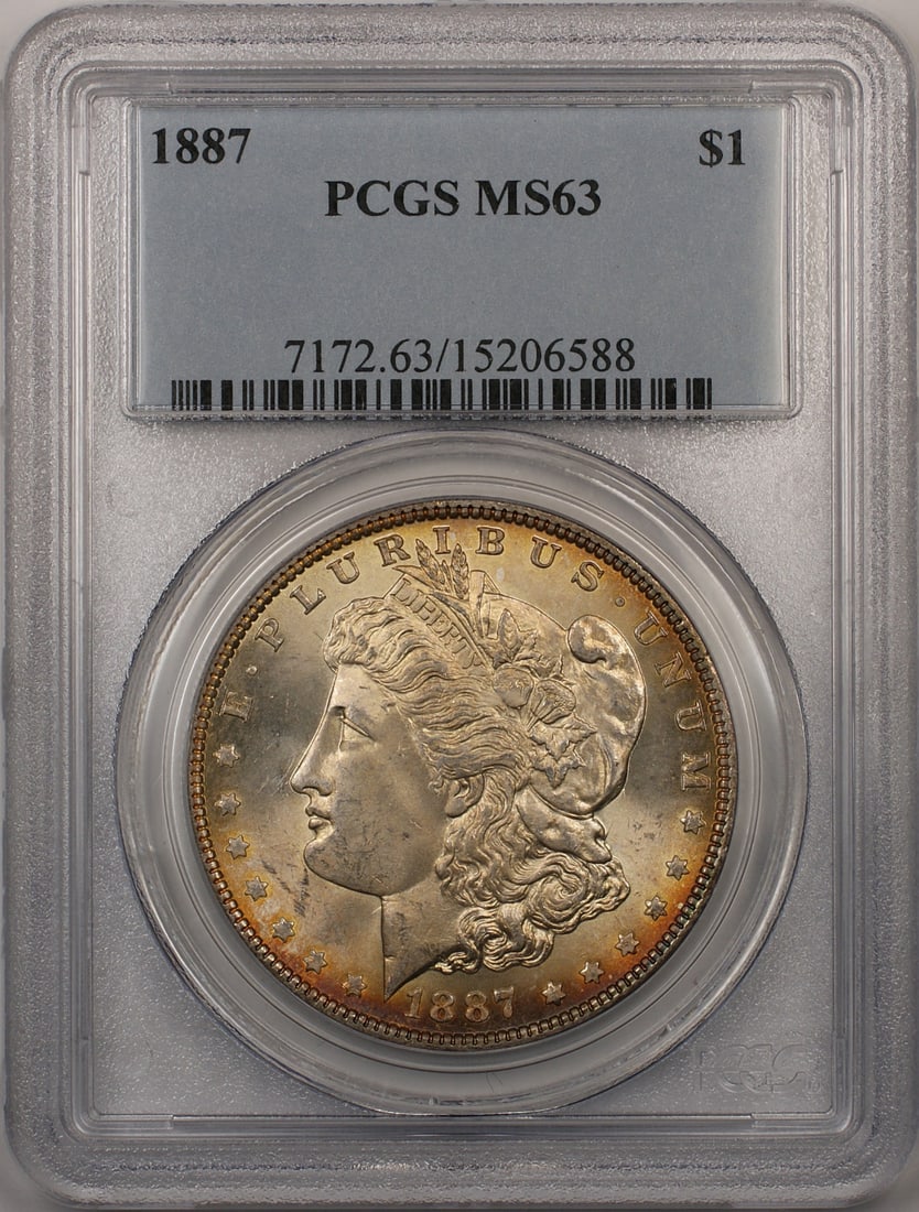 PCGS MS63 1887 Silver Morgan Dollar Philadelphia Lightly Toned: PCGS MS63 1887 Silver Morgan Dollar Philadelphia Lightly Toned This 1887 Morgan Silver Dollar is a $1 coin certified by PCGS with a grade of MS-63. It features light toning and was minted in Philadelp