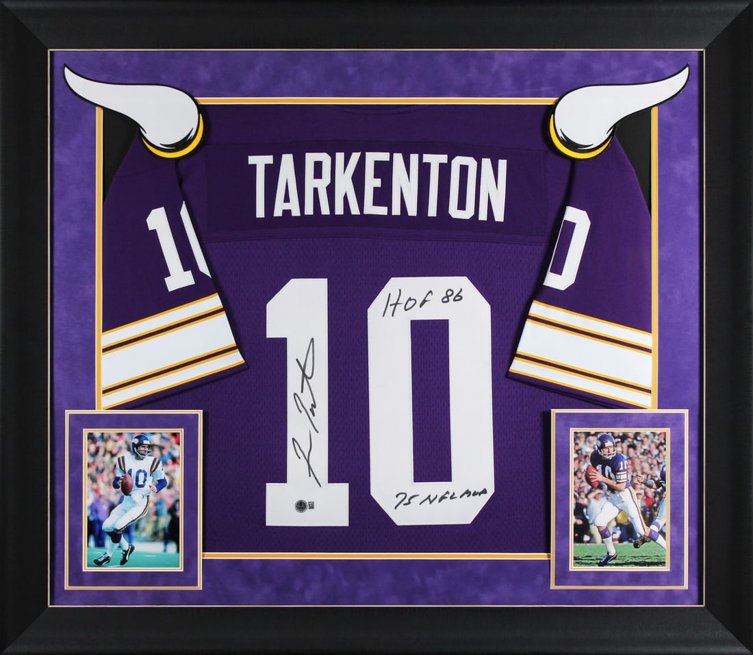 Fran Tarkenton Signed Purple Vikings Framed Jersey with Inscriptions BAS Authenticated: Fran Tarkenton Signed Purple Vikings Framed Jersey with Inscriptions BAS Authenticated Celebrate the legacy of Fran Tarkenton with this stunning framed jersey. This original Mitchell & Ness Throwback