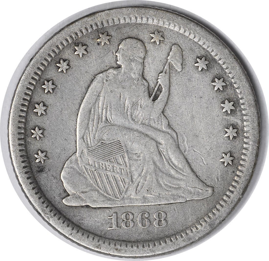 1868-S Liberty Seated Quarter 90% Silver VF Uncertified San Francisco: 1868-S Liberty Seated Quarter 90% Silver VF Uncertified San Francisco This 1868-S Liberty Seated Silver Quarter is a remarkable piece of numismatic history. Featuring a design by Robert Ball Hughes an