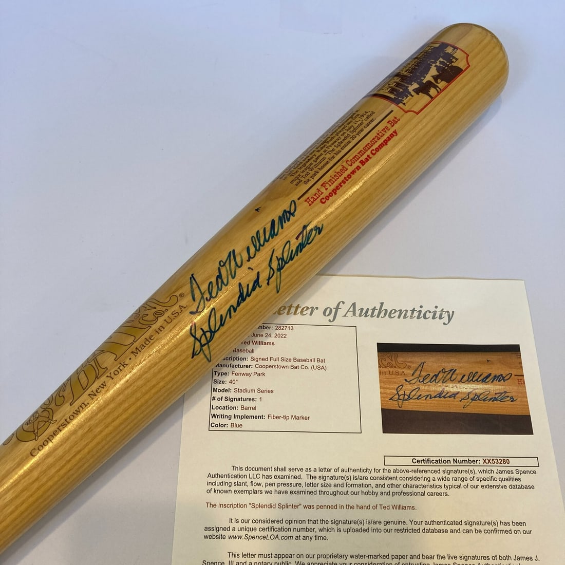 Ted Williams Signed Fenway Park Baseball Bat JSA COA Splendid Splinter: Ted Williams Signed Fenway Park Baseball Bat JSA COA Splendid Splinter This is a beautifully crafted baseball bat signed by the legendary Ted Williams, known as the "Splendid Splinter." The bat featur