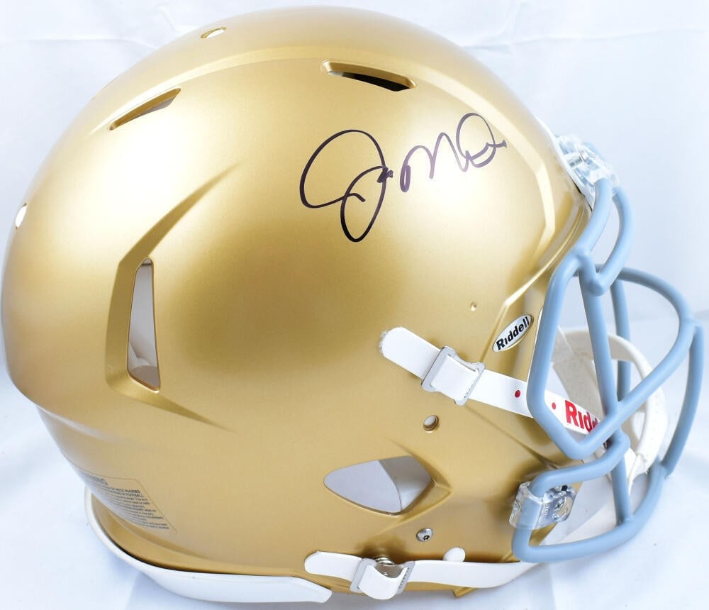 Joe Montana Signed Notre Dame Authentic Football Helmet Fanatics: Joe Montana Signed Notre Dame Authentic Football Helmet Fanatics This authentic full-size helmet commemorates Joe Montana's legendary career with the Notre Dame Fighting Irish. It features a bold desi
