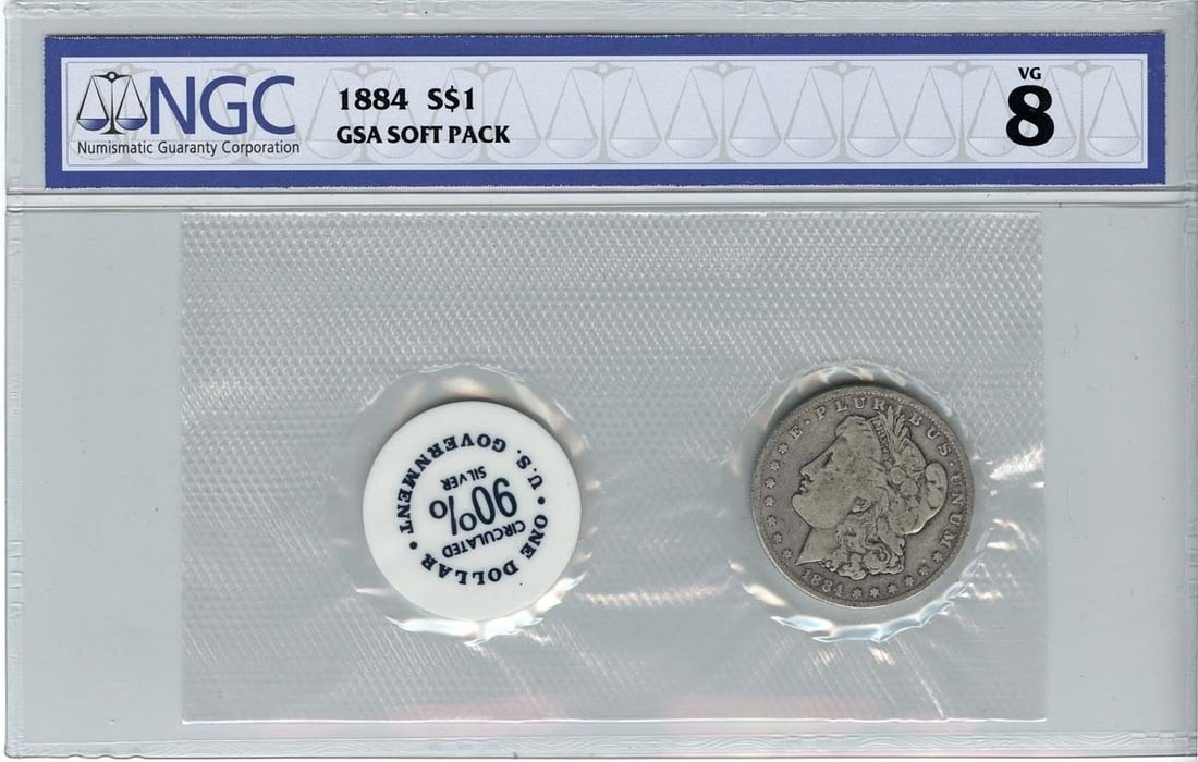 1884 Morgan Dollar NGC Certified VG8 Soft Pack Coin: 1884 Morgan Dollar NGC Certified VG8 Soft Pack Coin This 1884 Morgan Dollar is a classic piece of American numismatics, certified by NGC with a grade of VG8, indicating it has been circulated and reta