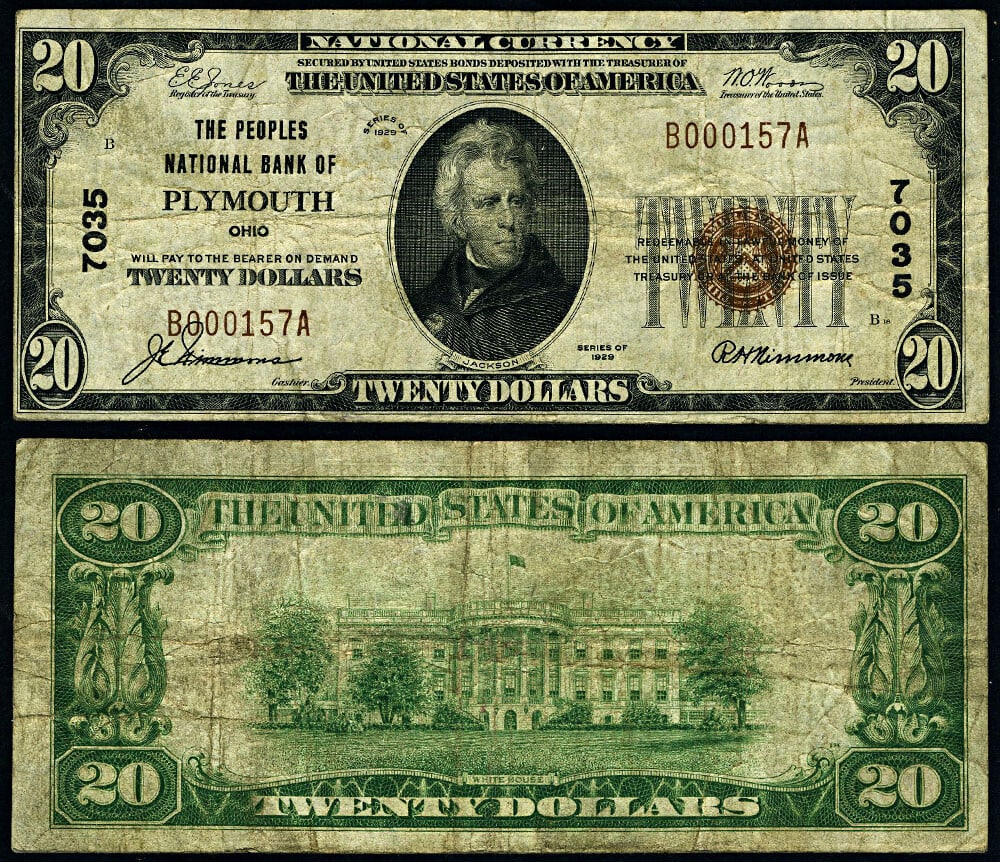 1929 T-1 $20 National Bank Note Plymouth OH Ch #7035 Peoples NB (1 of 3)