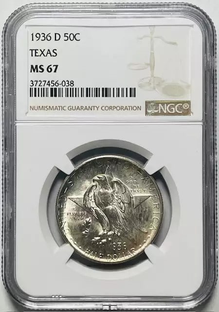 Texas Centennial 1936 D Silver Dollar NGC MS 67 Commemorative Coin: Texas Centennial 1936 D Silver Dollar NGC MS 67 Commemorative Coin This 1936 D Texas Independence Centennial commemorative coin is struck in silver and graded MS 67 by NGC. Minted in Denver, it celebr