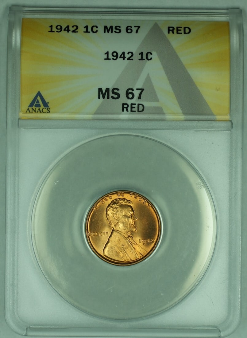 1942 Lincoln Wheat Cent ANACS MS 67 Red Certified 1C Coin: 1942 Lincoln Wheat Cent ANACS MS 67 Red Certified 1C Coin This 1942 Lincoln Wheat Cent 1C coin is certified by ANACS with a grade of MS 67 RD. The coin is uncirculated and features the distinctive red