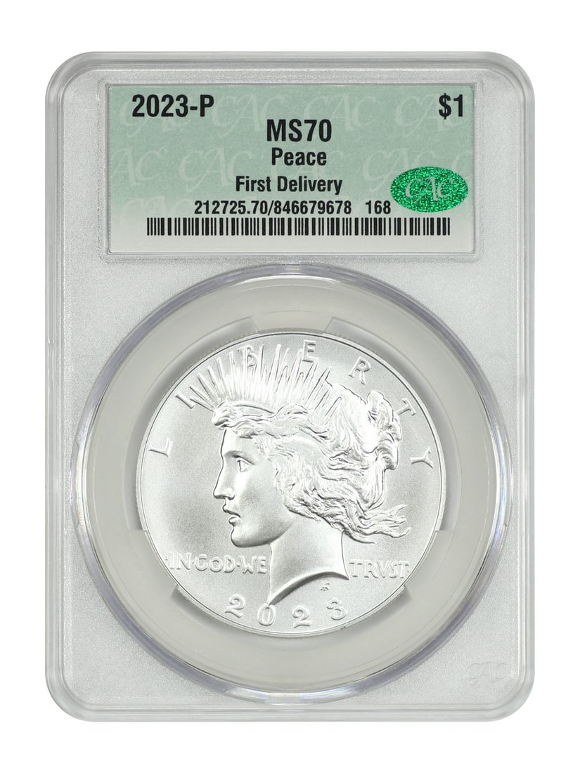 CACG MS70 2023 Philadelphia Peace Dollar First Delivery: CACG MS70 2023 Philadelphia Peace Dollar First Delivery This is a 2023-P Peace Dollar graded MS70 by CACG, indicating a flawless, uncirculated coin. Struck in Philadelphia, it belongs to the Modern Si