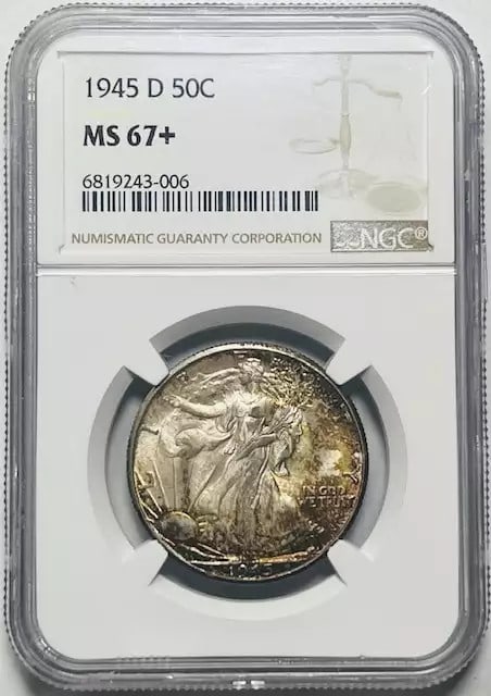 1945 D Walking Liberty Half Dollar NGC MS67+ Uncirculated Silver Coin: 1945 D Walking Liberty Half Dollar NGC MS67+ Uncirculated Silver Coin This stunning 1945 D Walking Liberty Half Dollar is certified by NGC with an impressive grade of MS 67+, indicating its uncirculat