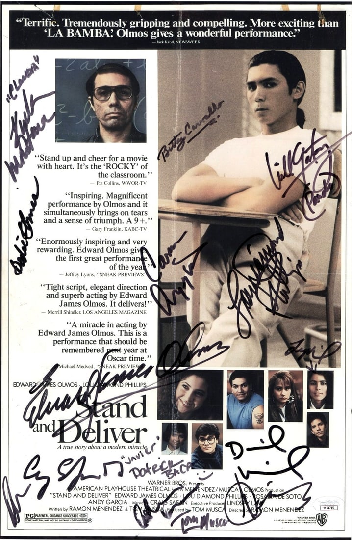 Stand and Deliver 11X17 Photo 14 Signatures Olmos Phillips JSA Authenticated: Stand and Deliver 11X17 Photo 14 Signatures Olmos Phillips JSA Authenticated This original 11X17 photograph from the film 'Stand and Deliver' features a remarkable collection of 14 autographs, showcas