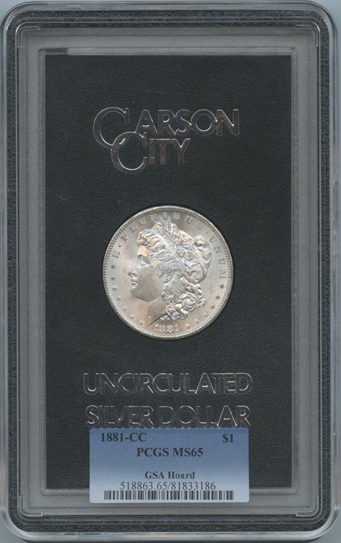 1881-CC Morgan Dollar GSA Hoard PCGS MS65 Certified Coin: 1881-CC Morgan Dollar GSA Hoard PCGS MS65 Certified Coin This 1881-CC Morgan Dollar is a remarkable piece from the GSA Hoard, graded MS65 by PCGS, ensuring its exceptional quality and preservation. Mi