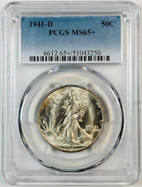 PCGS MS-65+ 1941 Denver Walking Liberty Silver Half Dollar: PCGS MS-65+ 1941 Denver Walking Liberty Silver Half Dollar This 1941 D Walking Liberty Half Dollar has been certified by PCGS with a grade of MS-65+ Plus, indicating an uncirculated and well-preserved
