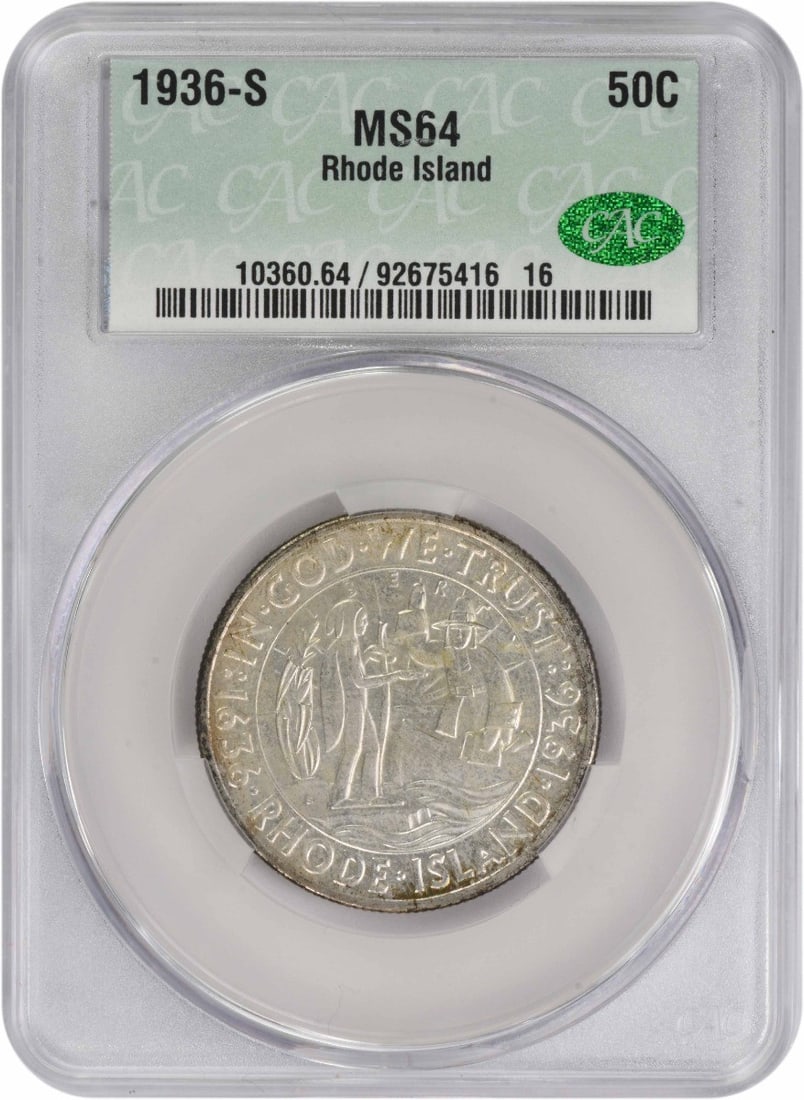 1936-S Rhode Island Commemorative Silver Half Dollar MS64 CACG: 1936-S Rhode Island Commemorative Silver Half Dollar MS64 CACG This 1936-S Rhode Island Commemorative Silver Half Dollar is a remarkable piece of numismatic history. Struck in San Francisco, this half