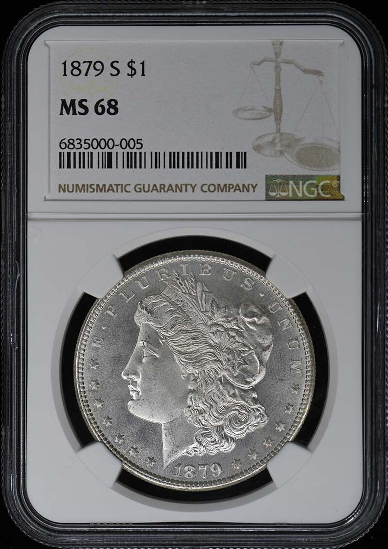 1879-S Morgan Dollar NGC MS68 Uncirculated Coin: 1879-S Morgan Dollar NGC MS68 Uncirculated Coin This exquisite 1879-S Morgan Dollar is graded MS68 by NGC, showcasing its stunning uncirculated condition. Minted in San Francisco, this coin is a prize