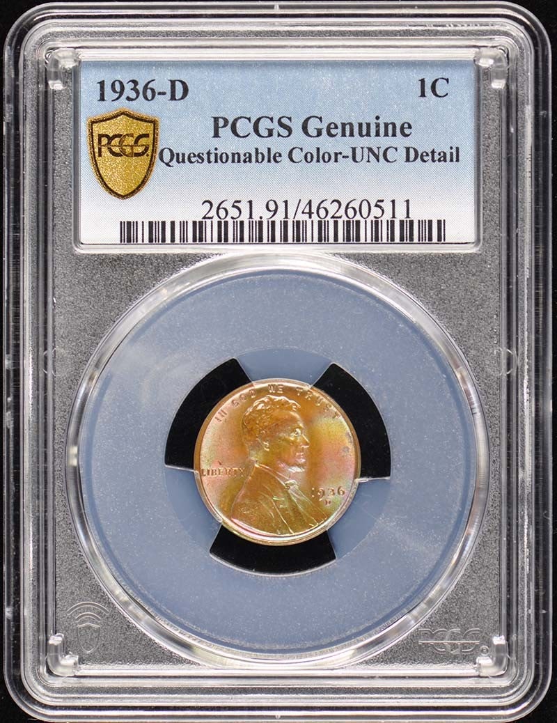 1936-D Lincoln Wheat Cent PCGS MS Rainbow Toned Uncirculated: 1936-D Lincoln Wheat Cent PCGS MS Rainbow Toned Uncirculated This 1936-D Lincoln Wheat Cent features a vibrant rainbow toning, adding a unique aesthetic appeal to this uncirculated coin. Certified by
