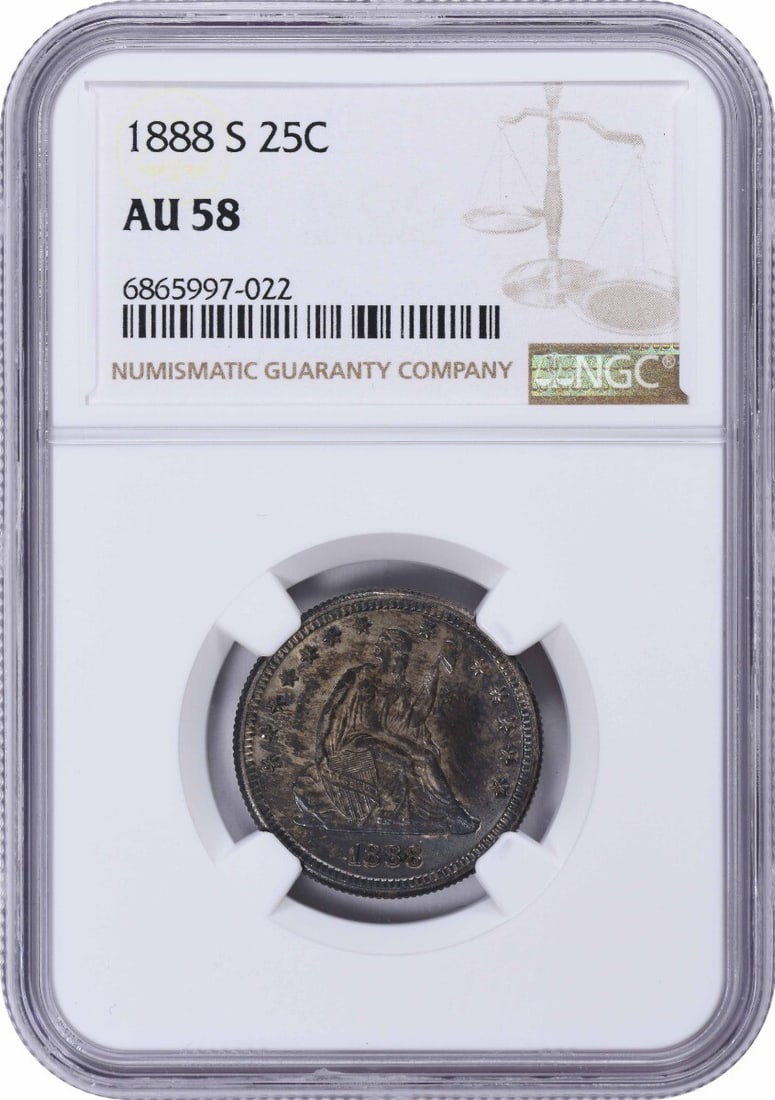 NGC AU58 1888 San Francisco Seated Liberty Quarter 90 Percent Silver: NGC AU58 1888 San Francisco Seated Liberty Quarter 90 Percent Silver This 1888-S Liberty Seated Silver Quarter is graded AU58 by NGC. Minted in San Francisco, the coin features the classic Seated Libe