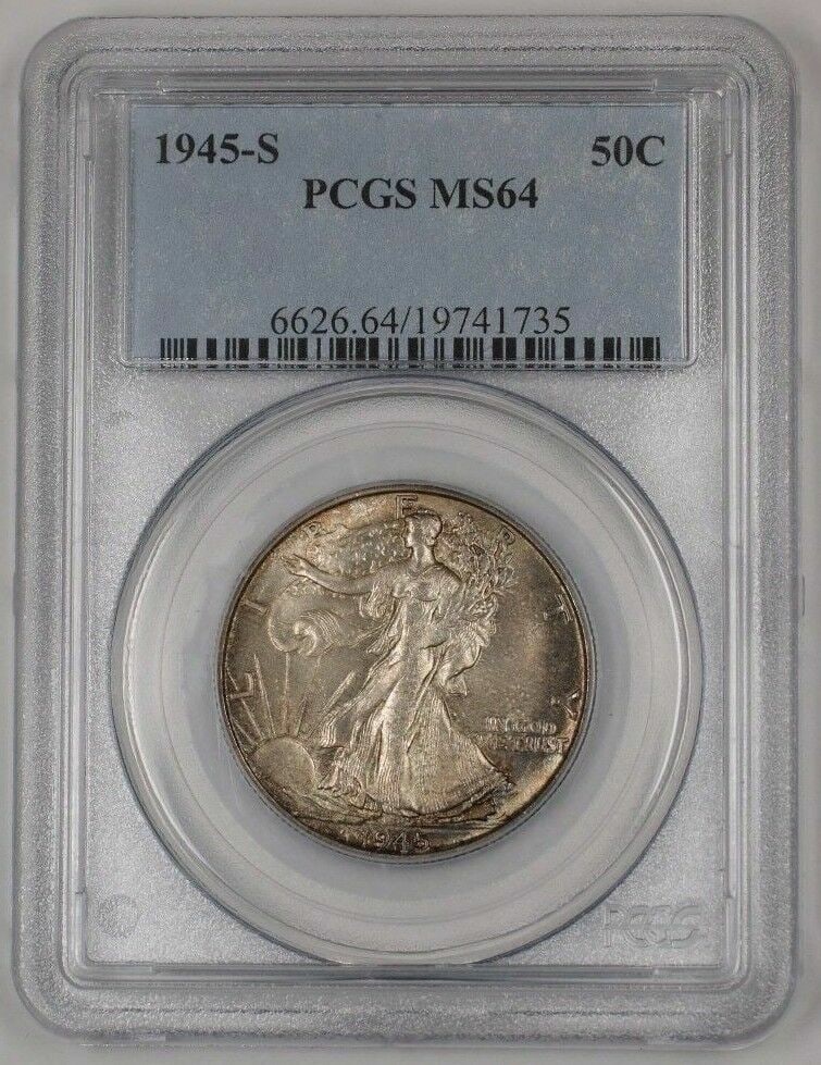 PCGS MS-64 1945-S Silver Walking Liberty Half Dollar San Francisco Mint: PCGS MS-64 1945-S Silver Walking Liberty Half Dollar San Francisco Mint This is a 1945-S Walking Liberty Silver Half Dollar coin, graded MS-64 by PCGS. The coin is composed of silver and was minted in