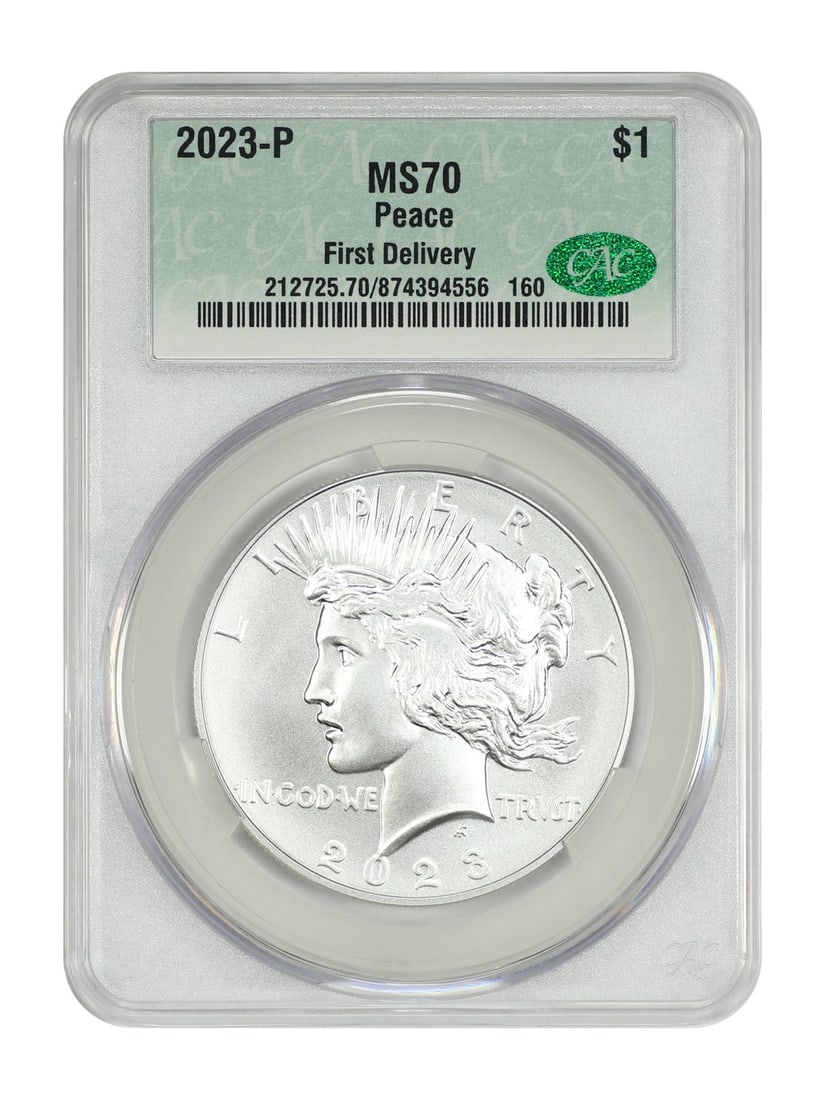 CACG MS70 First Delivery 2023 Philadelphia Peace Dollar: CACG MS70 First Delivery 2023 Philadelphia Peace Dollar This is a 2023-P Peace Dollar graded MS70 by CACG, classified as a first delivery. The coin is uncirculated and was struck at the Philadelphia M