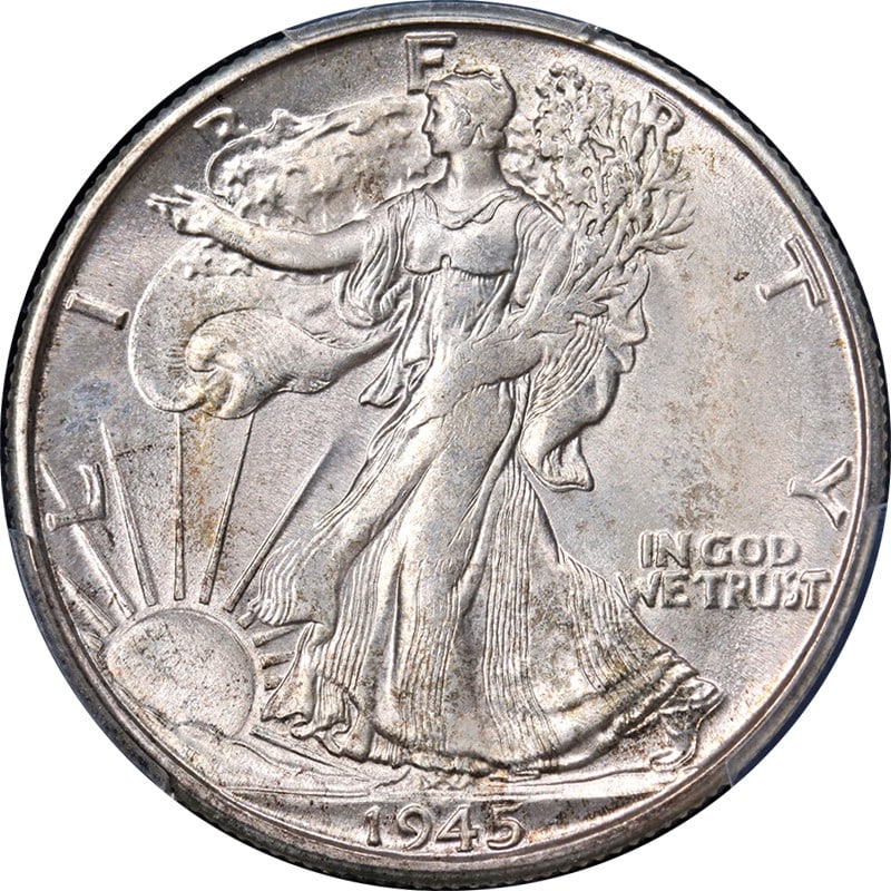 1945-D Walking Liberty Half Dollar PCGS MS66 Uncirculated Silver Coin: 1945-D Walking Liberty Half Dollar PCGS MS66 Uncirculated Silver Coin This stunning 1945-D Walking Liberty Half showcases exceptional eye appeal, featuring fantastic luster and a precise strike. Its v