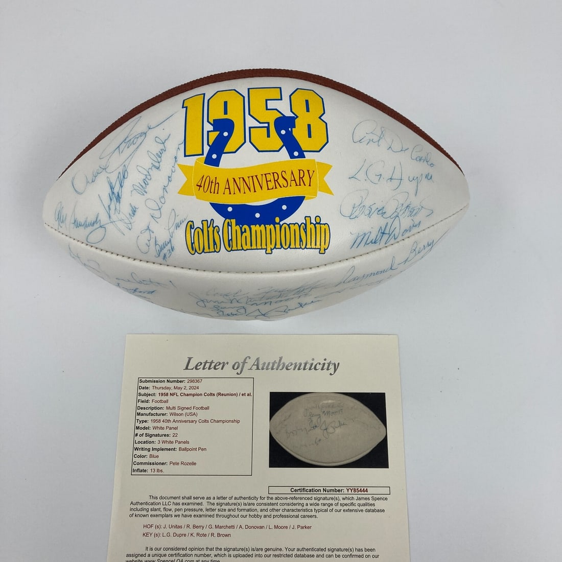 1958 Baltimore Colts Team Signed Football JSA Authenticated Johnny Unitas Estate: 1958 Baltimore Colts Team Signed Football JSA Authenticated Johnny Unitas Estate Celebrate the legacy of the 1958 Baltimore Colts with this authentic team-signed football. This Wilson white panel foot