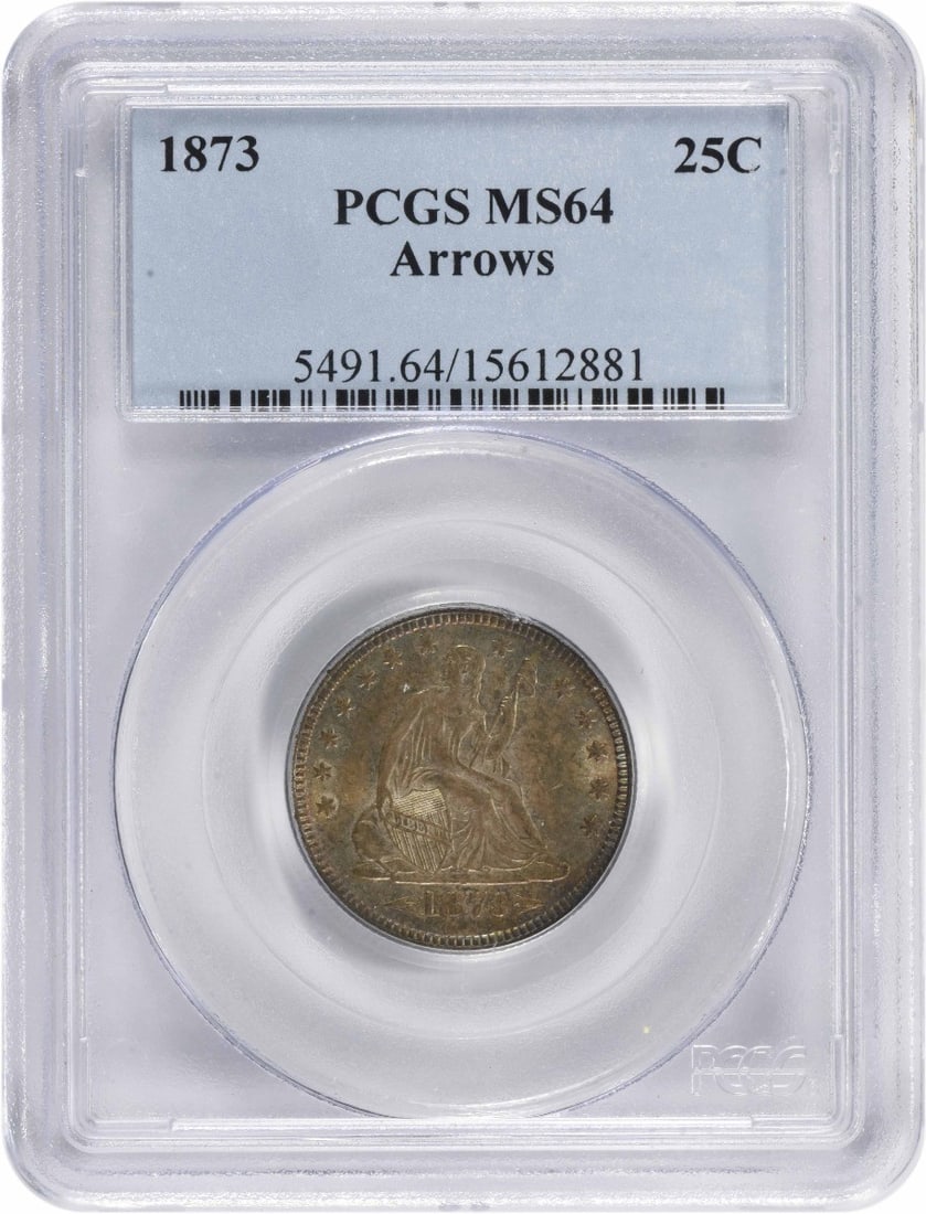 1873 Liberty Seated Quarter MS64 PCGS 90% Silver Philadelphia: 1873 Liberty Seated Quarter MS64 PCGS 90% Silver Philadelphia This stunning 1873 Liberty Seated Quarter Arrows is graded MS64 by PCGS, showcasing exceptional quality and detail. This coin, featuring t