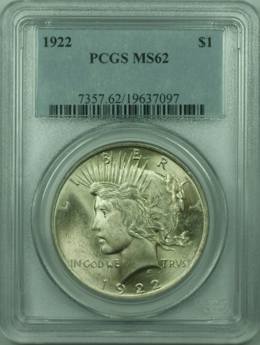 1922 Peace Dollar Silver Coin PCGS MS62 Certified $1 United States: 1922 Peace Dollar Silver Coin PCGS MS62 Certified $1 United States This 1922 Peace Silver Dollar is graded MS-62 by PCGS and is composed of 0.9 fine silver. Struck in Philadelphia, this uncirculated $