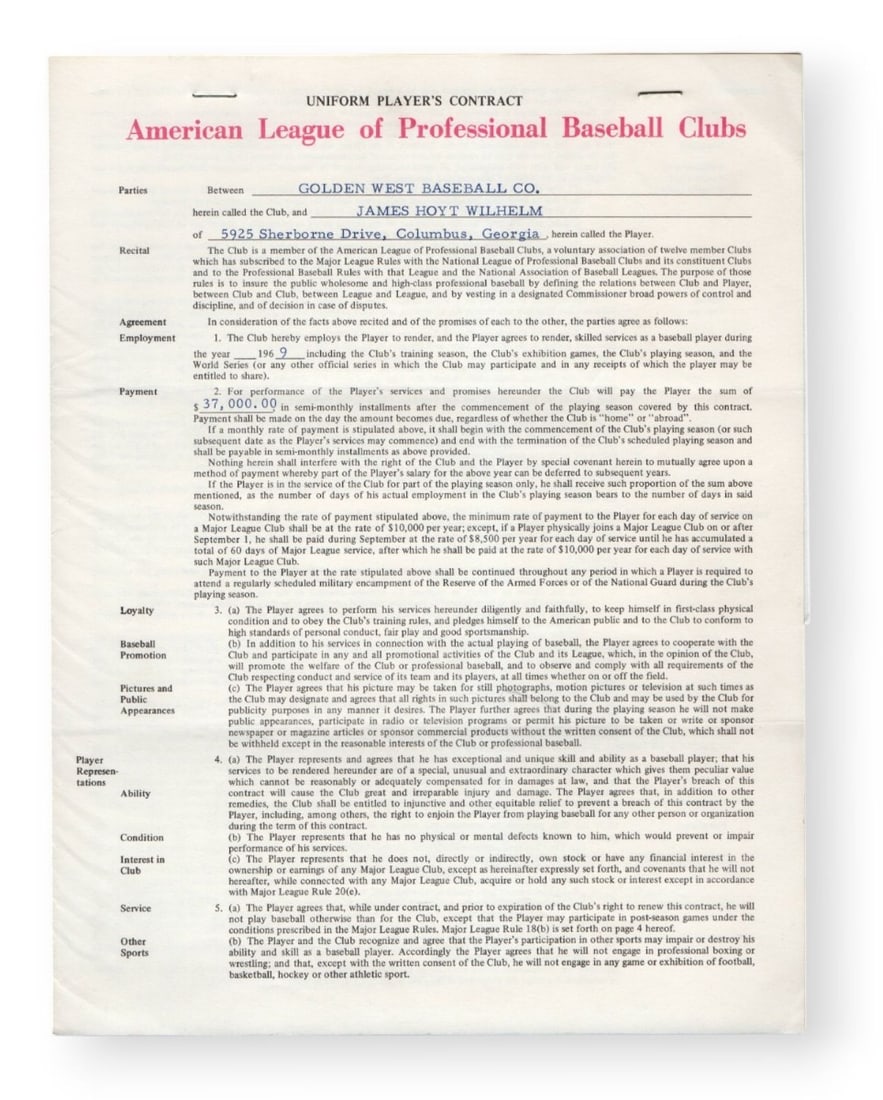 Hoyt Wilhelm Joe Cronin Signed Contract California Angels Beckett Authenticated: Hoyt Wilhelm Joe Cronin Signed Contract California Angels Beckett Authenticated This is an original autographed contract featuring the signatures of Hoyt Wilhelm and Joe Cronin, both signed twice by W