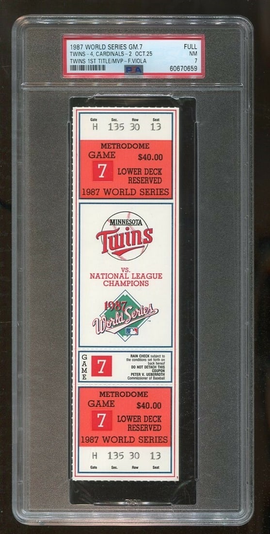1987 World Series Game 7 Full Ticket Twins vs Cardinals PSA 7: 1987 World Series Game 7 Full Ticket Twins vs Cardinals PSA 7 Celebrate a historic moment in baseball with this original 1987 World Series Game 7 full ticket from the matchup between the Minnesota Twi