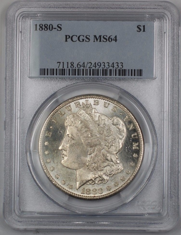 PCGS MS64 1880-S Morgan Dollar Silver Coin San Francisco Mint Certified: PCGS MS64 1880-S Morgan Dollar Silver Coin San Francisco Mint Certified This is an 1880-S United States Morgan Silver Dollar coin graded MS 64 by PCGS. It was minted in San Francisco and is composed o