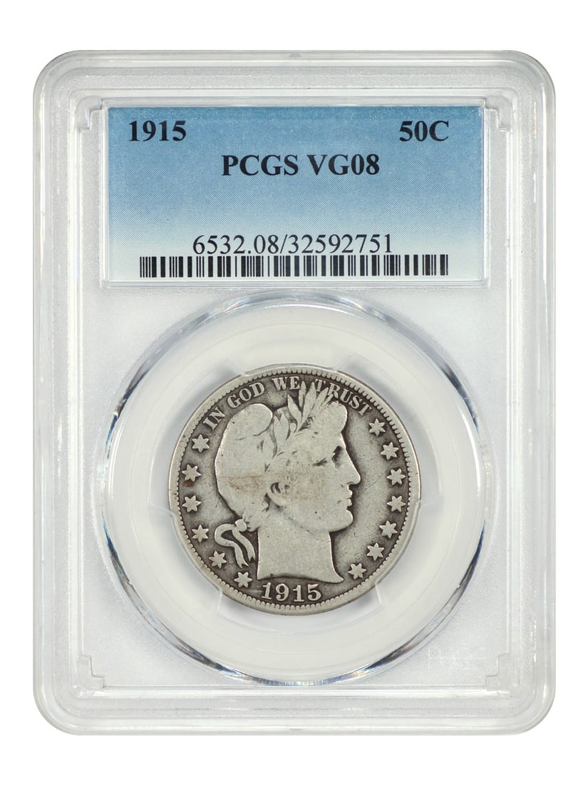 1915 Barber Half Dollar 50C PCGS VG08 Key Low Mintage 138000: 1915 Barber Half Dollar 50C PCGS VG08 Key Low Mintage 138000 This 1915 Barber Half Dollar is a key date in the series, boasting a low mintage of only 138,000 coins, making it the second lowest mintage