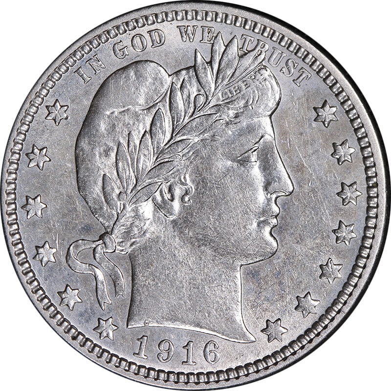 1916-D Barber Quarter Silver Choice AU BU Strong Strike: 1916-D Barber Quarter Silver Choice AU BU Strong Strike This 1916-D Barber Quarter showcases remarkable eye appeal with its impressive luster and strong strike. The coin features bright white color an