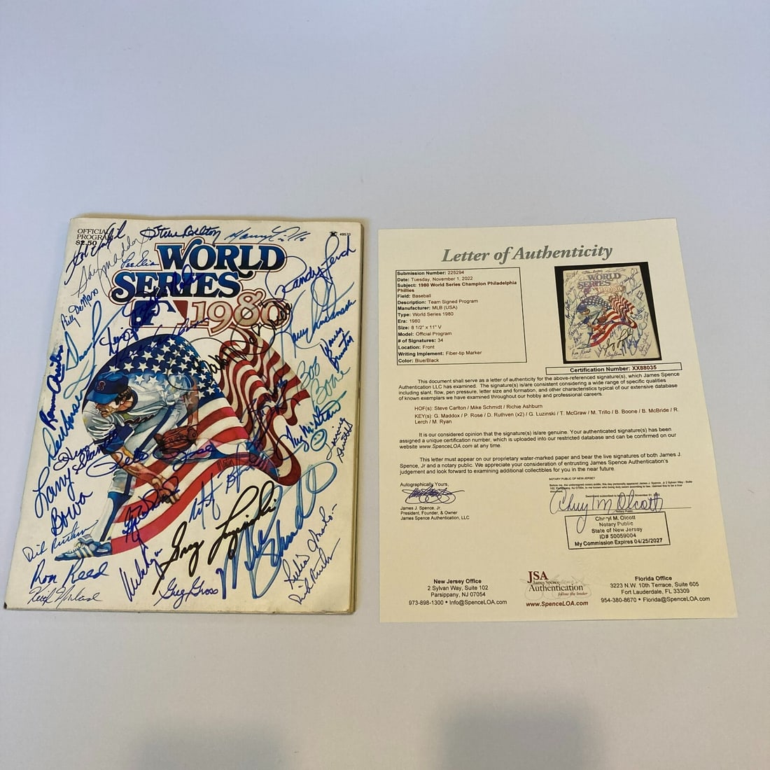 1980 Philadelphia Phillies World Series Program 34 Signatures JSA COA: 1980 Philadelphia Phillies World Series Program 34 Signatures JSA COA Celebrate the 1980 Philadelphia Phillies' historic World Series victory with this original team-signed program. Featuring 34 prist