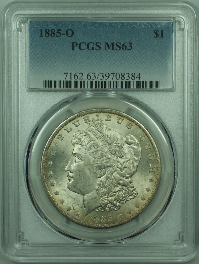 PCGS MS63 1885-O Morgan Silver Dollar New Orleans Mint Light Toning: PCGS MS63 1885-O Morgan Silver Dollar New Orleans Mint Light Toning This 1885-O Morgan Silver Dollar is a $1 coin from the United States, minted in New Orleans. Composed of silver with a 0.9 fineness,