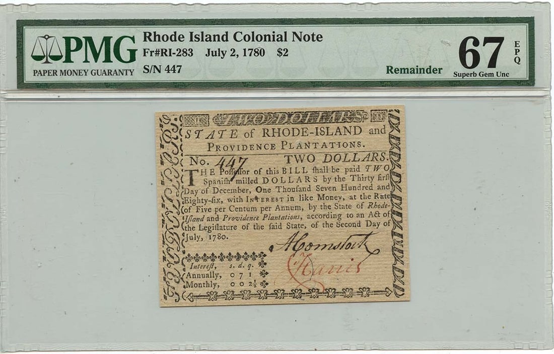 1780 Rhode Island Colonial Note $2 PMG Superb Gem 67 EPQ RI-283 (1 of 2)